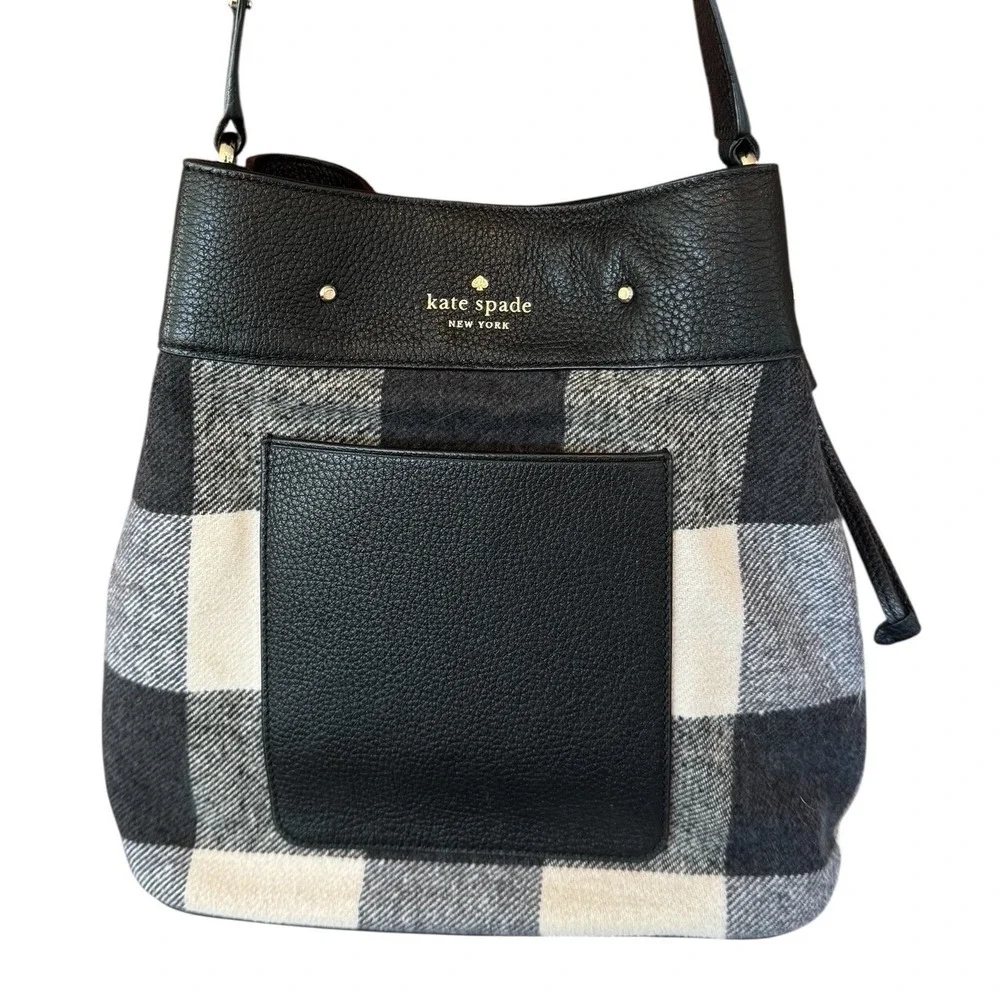 Kate Spade Marti Large Bucket Bag Buffalo Plaid Pebbled Leather Black White